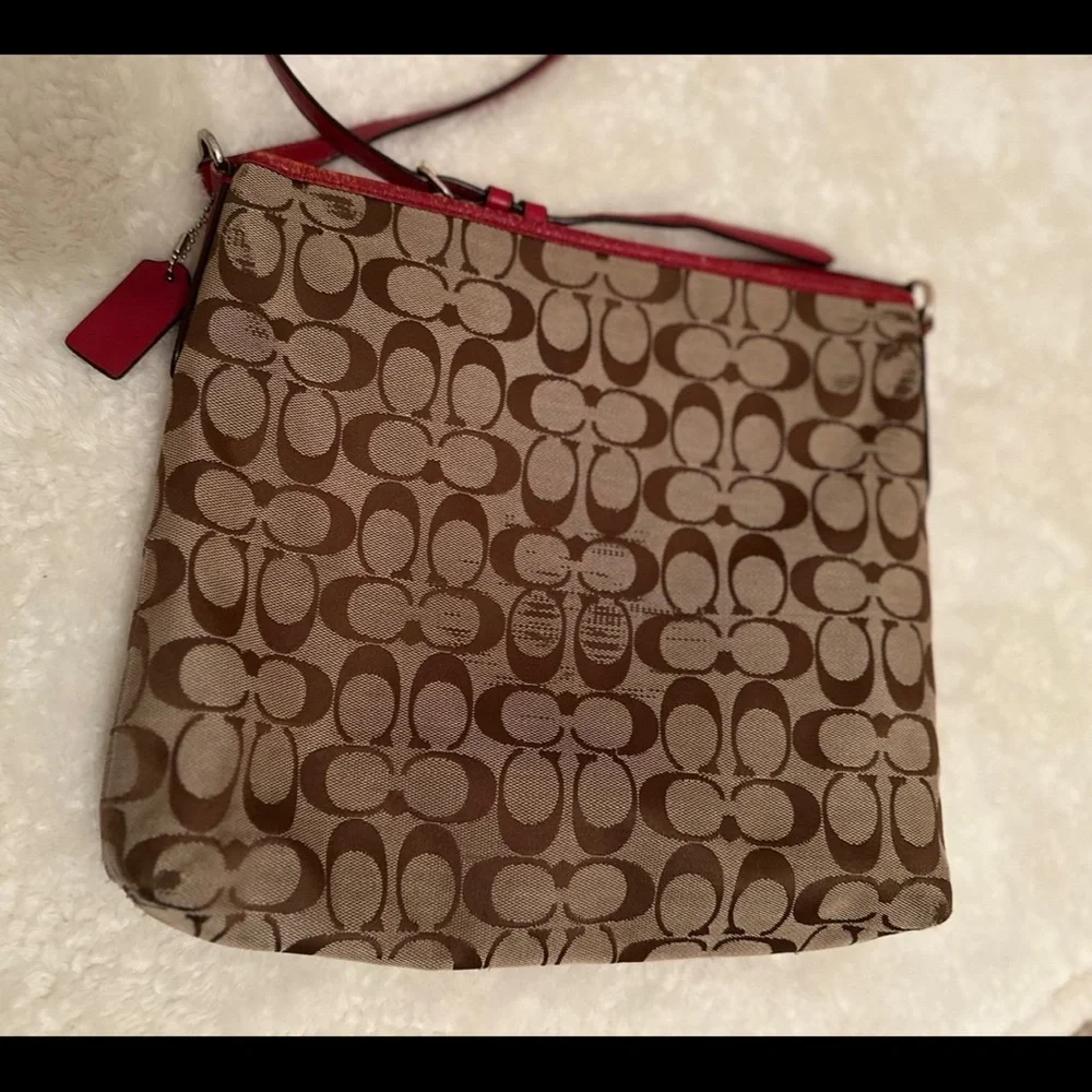 Coach Brown Signature Canvas Crossbody with Red Trim - Picture 2 of 6